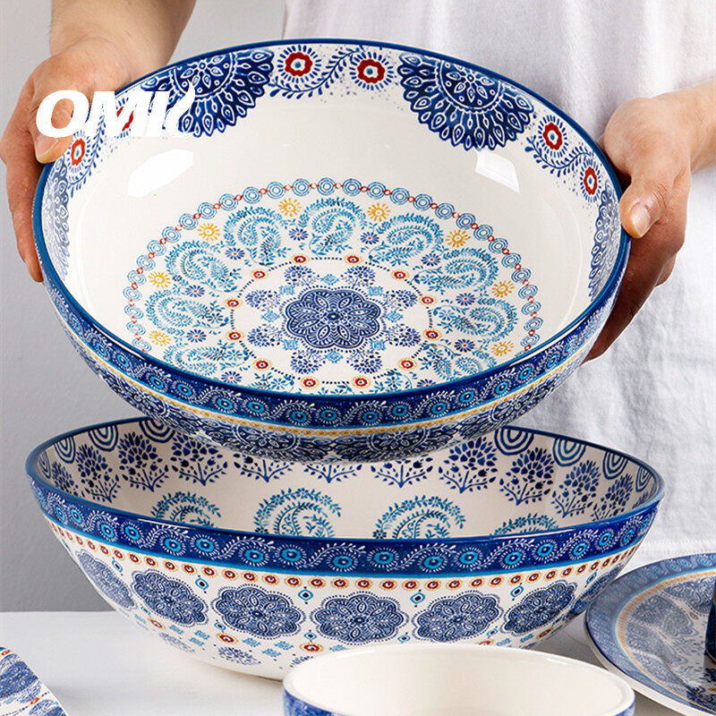 Omk màu xanh talavera loạt gốm 14 inch hình chữ nhật đĩa phẳng để thức ăn Salad món tráng miệng khay đĩa