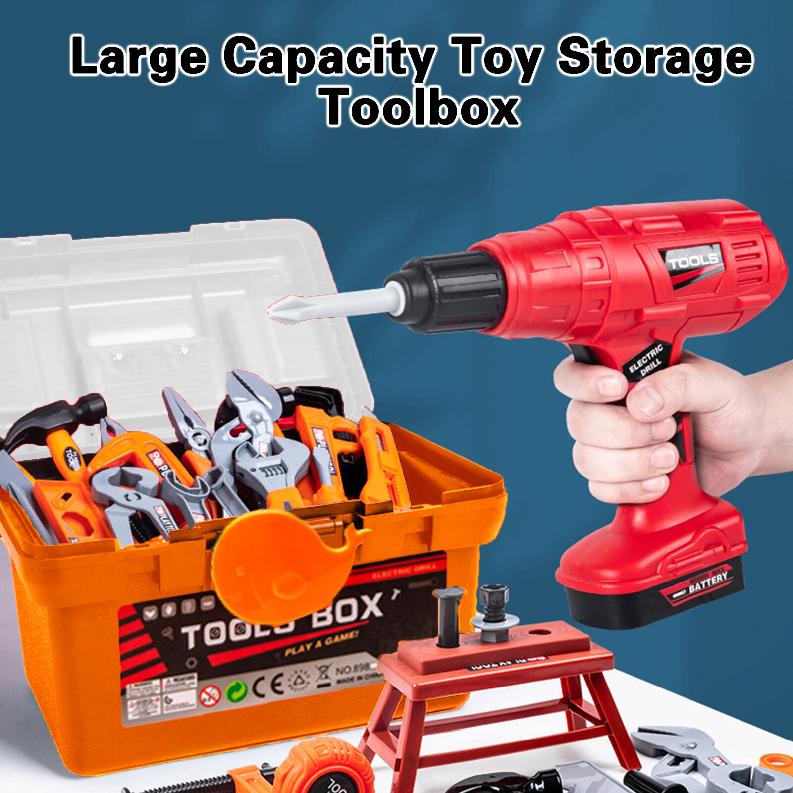Large Capacity Toy Storage Play House Toys Simulation Interactive Kids Electric Tool Set with Chainsaw Screwdriver and Storage Fun Pretend Play and Learning Toy for Boys 43pcs/set