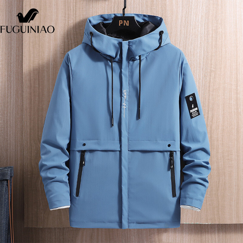 FUGUINIAO Men's Hooded Jacket Autumn and Winter Casual Hoodie Solid Color Long-sleeved Men's Clothing
