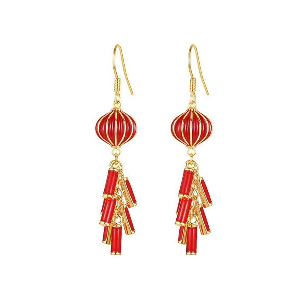 LITERARYFAN Exquisite Lady Red Lantern Alloy Long Firecracker Niche Design Jewelry Accessories Chinese Style Earrings Fashion Hoop Earrings Women Dangle Earrings