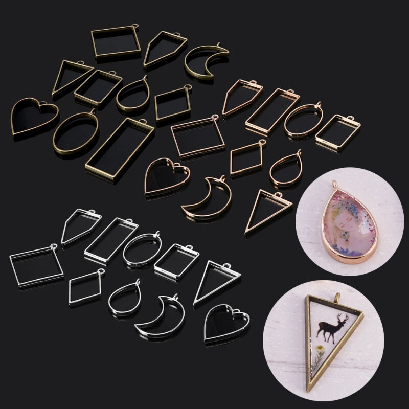 [Cutewomen2020] 10 Pcs/Set Assorted Geometric Hollow Pressed Flower Frame Pendant Resin Jewelry Making Geometric Shape Metal Frame Set DIY Epoxy Resin UV Crystal Silicone Molds Jewelry Pendant Making