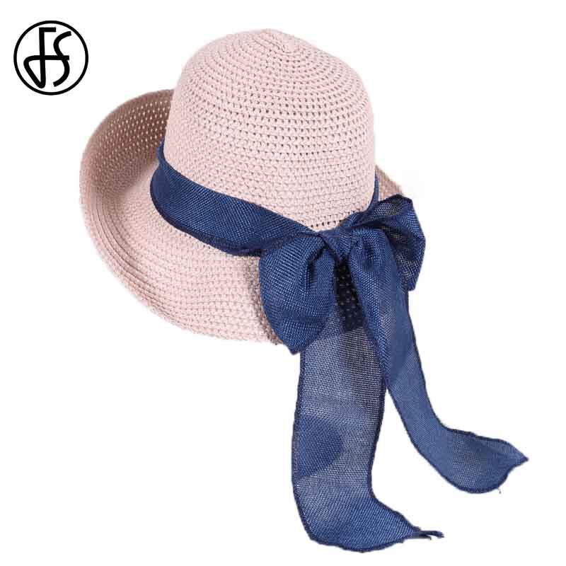 Blue Big Bow Wide Brim Foldable Straw Hats Sun Hats For Women Floppy Sunbonnet Cloche Hat Beach Style