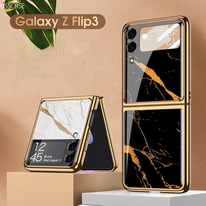 【with Lens Membrane】KISSCASE for Samsung Galaxy Z Flip 3 Glass Phone Case for Samsung Galaxy Z Flip 3 5G Full Protective Camera Shell