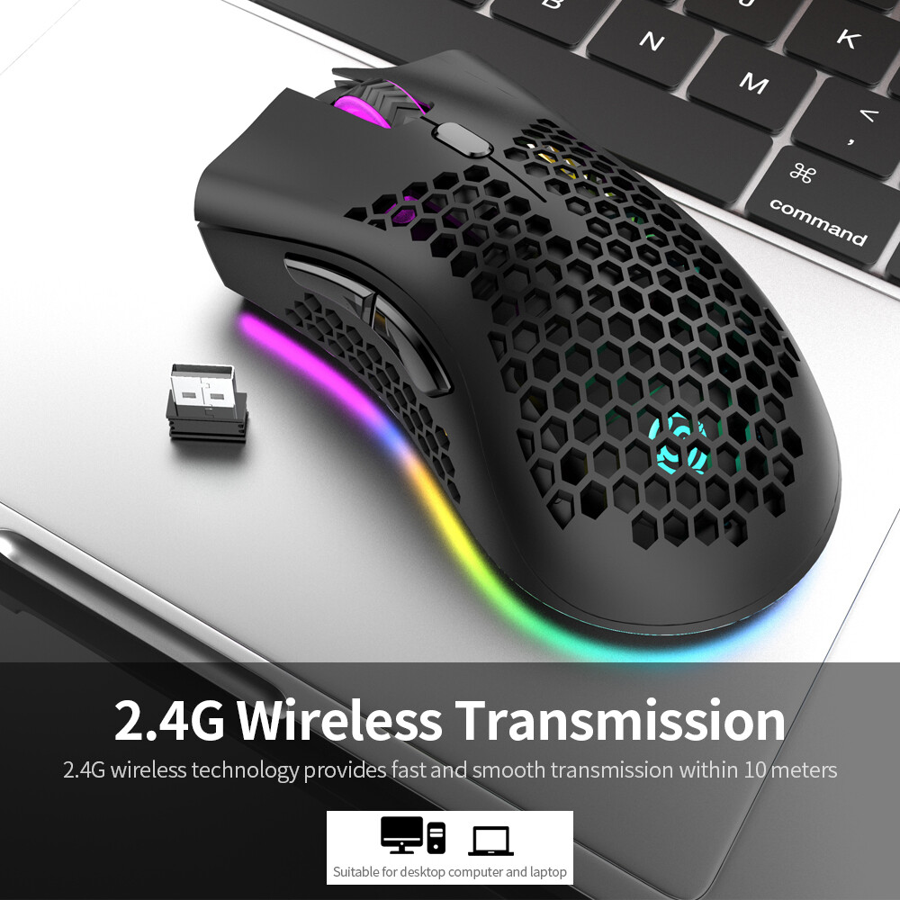 Chuột Chơi Game Không Dây 2.4G, Chuột Có Thể Sạc Lại Với Hiệu Ứng Ánh Sáng RGB 3 DPI Có Thể Điều Chỉnh Khoét Lỗ, Thiết Kế Tổ Ong Màu Đen