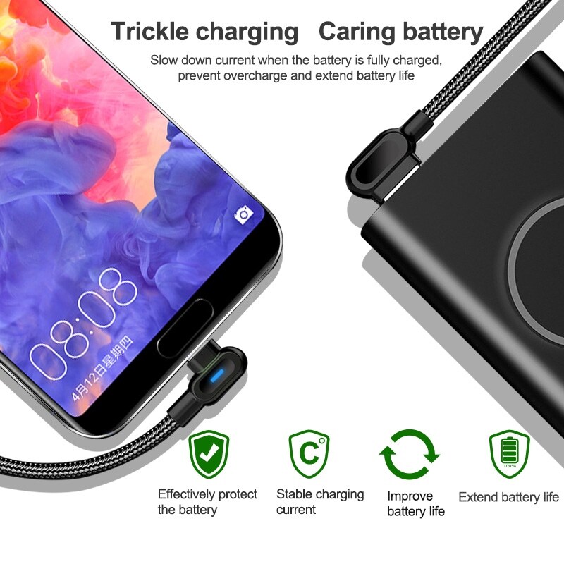 [A NEW] 90 DegreeUSB USB Type CWithLight Elbow CableCharging Data Cord1311Xiaomi Phone