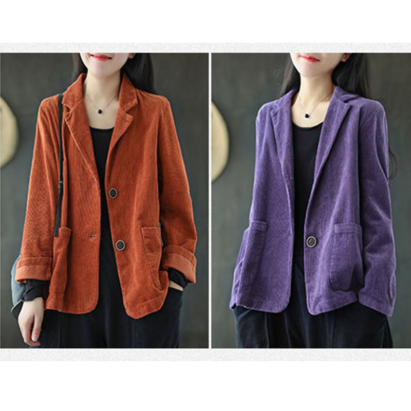 【SW】Corduroy Phù Hợp Với Cổ Áo Áo Khoác Cổ Điển Có Túi Dài Tay Màu Trơn