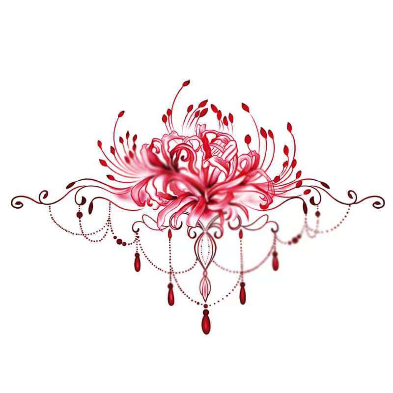 Temporary tattoo stickers waterproof lasting female waist abdomen belly cover scars big picture red other side flower jewelry chain 12.8*18.8cm