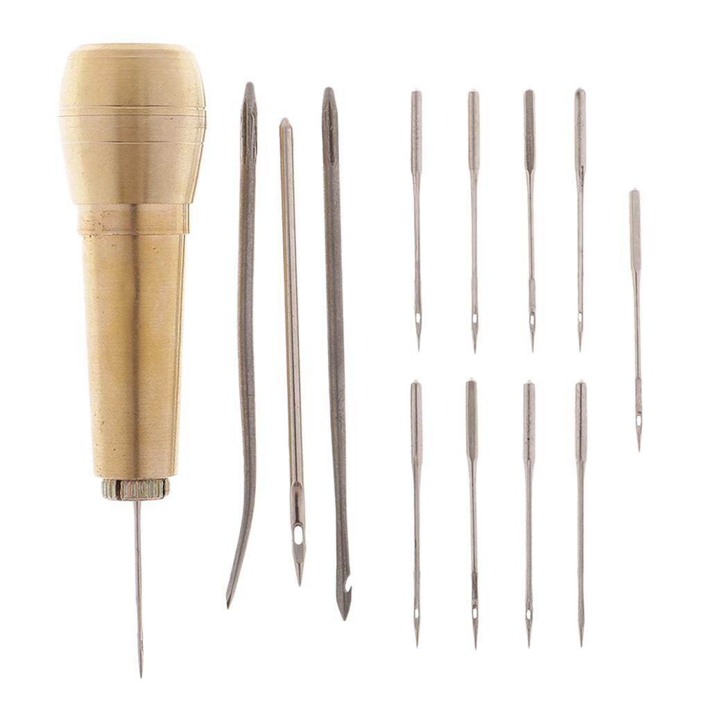 Loviver 14Pcs/set Needles Copper Handle Sewing Awl Hand Stitcher Shoe Repairing Tool