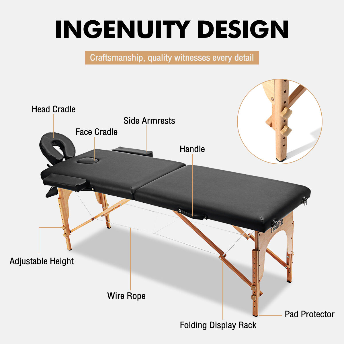 Portable Retractable Folding Massage Bed 185x60cm Adjustable Height 58
