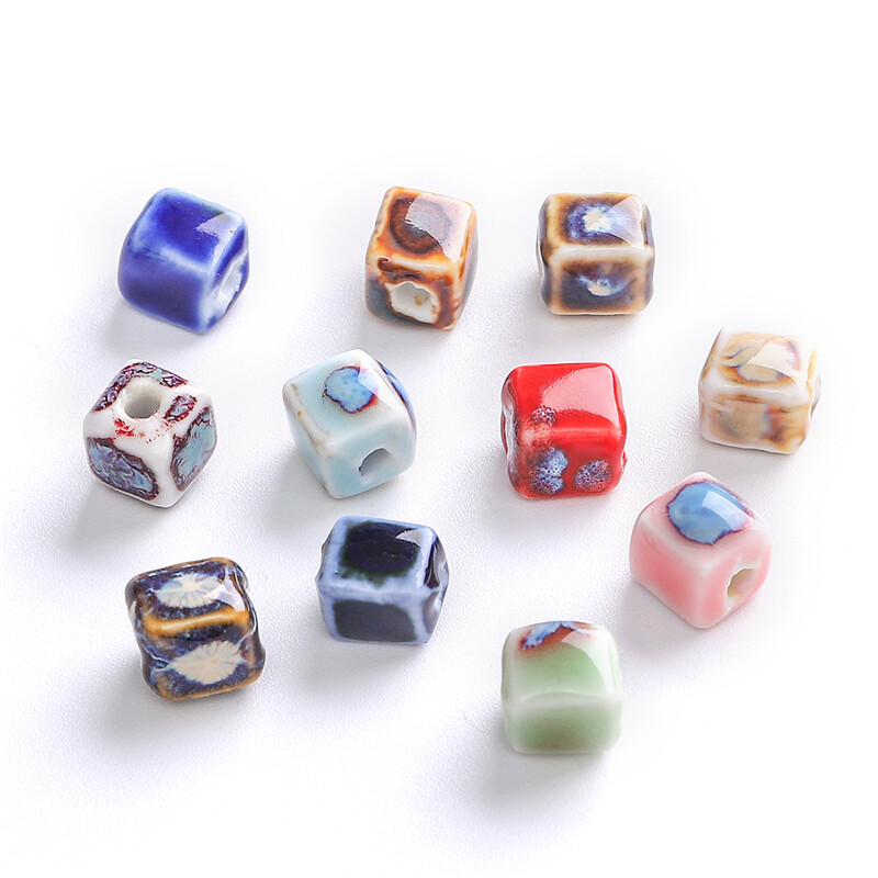 10pcs/Bag 7mm High Quality Unique Delicate Handmade Chinese Ceramic Porcelain Geometry Square Shape Beads Charm for Earring Necklace Bracelet DIY Jewerlry Craft Making Accessories