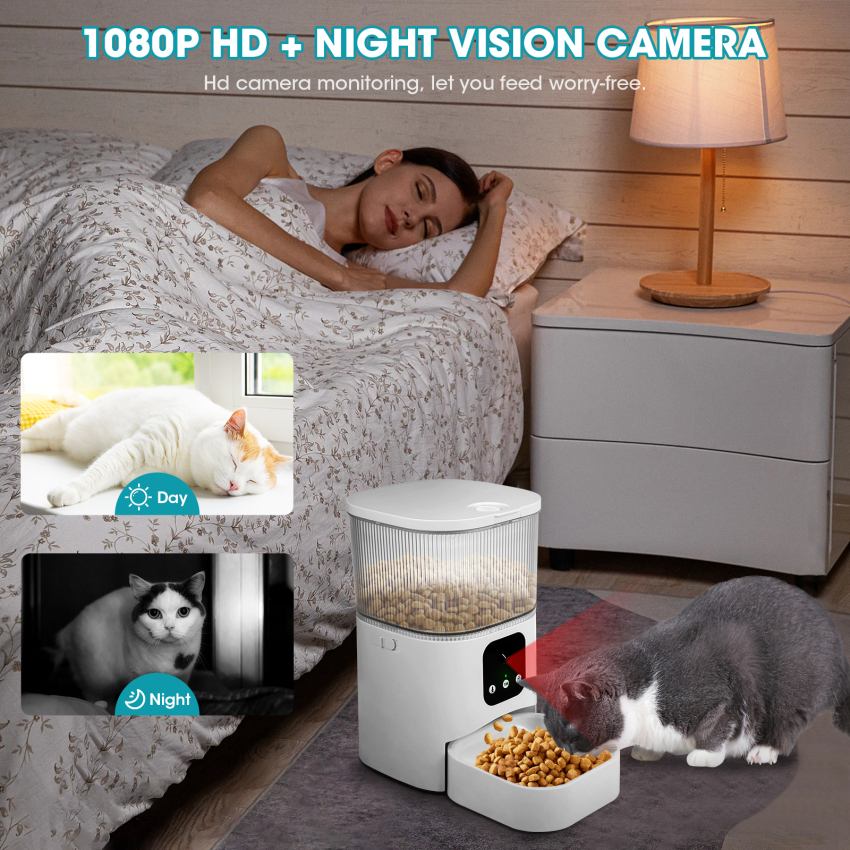 Máy cho mèo ăn tự động với máy ảnh HD, máy cho ăn tự động với ứng dụng điều khiển, cho phép 2.4GHz Wi-Fi, 2 cách âm thanh tương tác, khay thức ăn có thể nhìn thấy, 3.0L