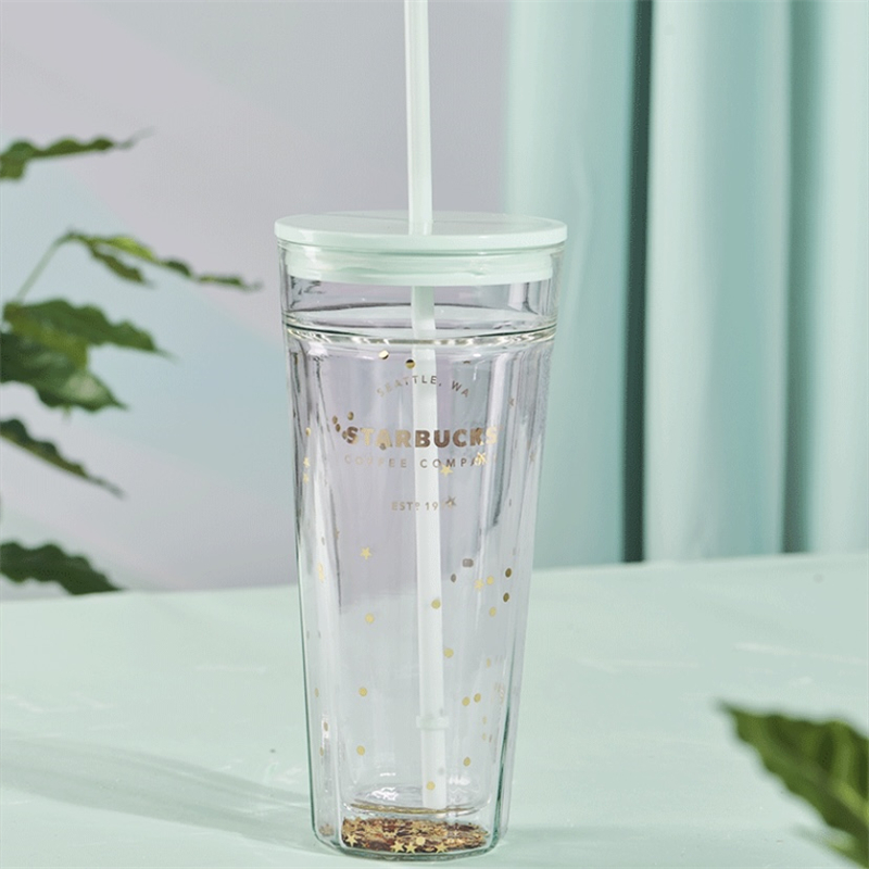 Starbuck 2022 new fresh fairy fog green 591ml mint cut sequin double glass straw cup