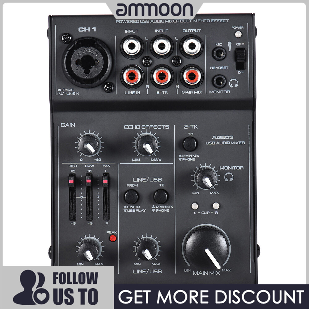 [ammoon]AGE03 5-Channel Mini Mic-Line Mixing Console Mixer with USB Audio  Interface Built-in Echo Effect USB Powered for Recording DJ Network Live