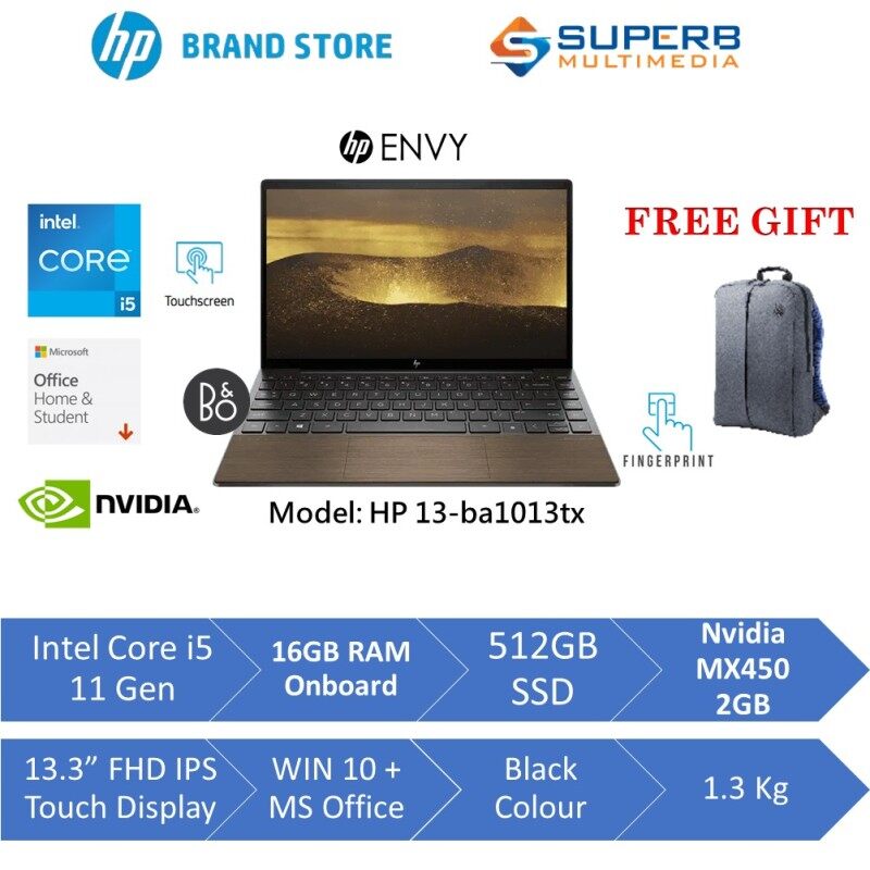 HP ENVY Laptop 13-ba1013TX (Intel core i5 11gen, 16gb ram, 512gb ssd, Nvidia MX450, 13.3 FHD TOUCH, Win10, OPI, Black) Malaysia