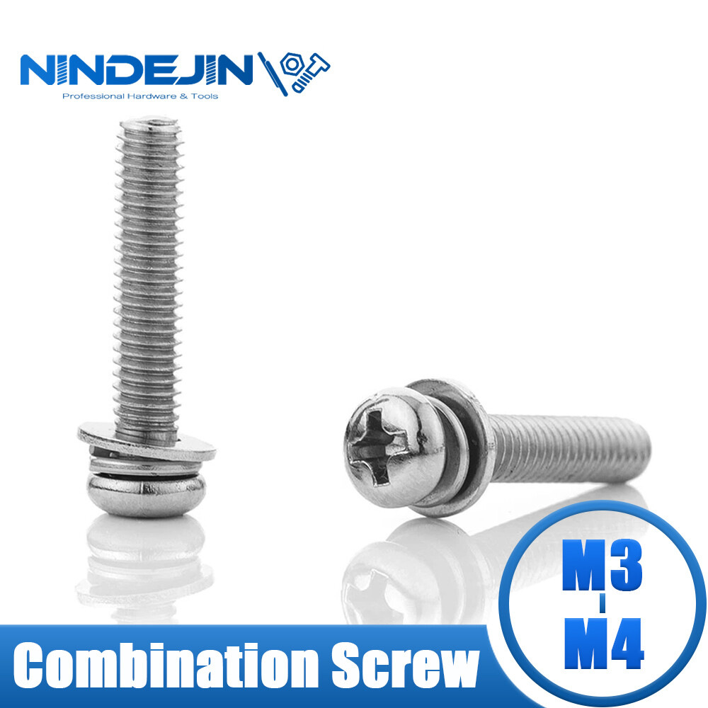NINDEJIN 50pcs Cross Recessed Pan Head Screw with Washer Stainless Steel M3 M4 Three Combination Machine sems screw