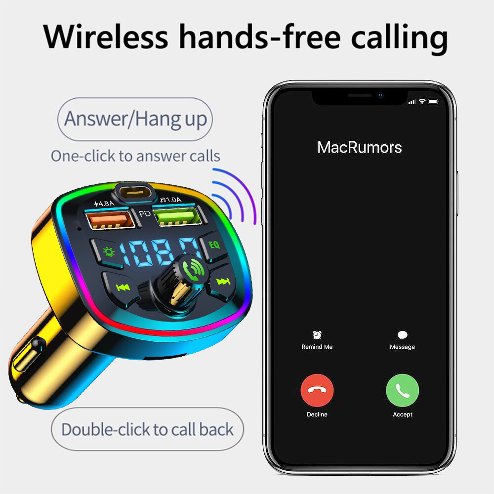 Car Charger Fast Charging U Disk MP3 Player Bluetooth 5.0 FM Transmitter Hands-free Audio Receiver Dual USB PD Charger