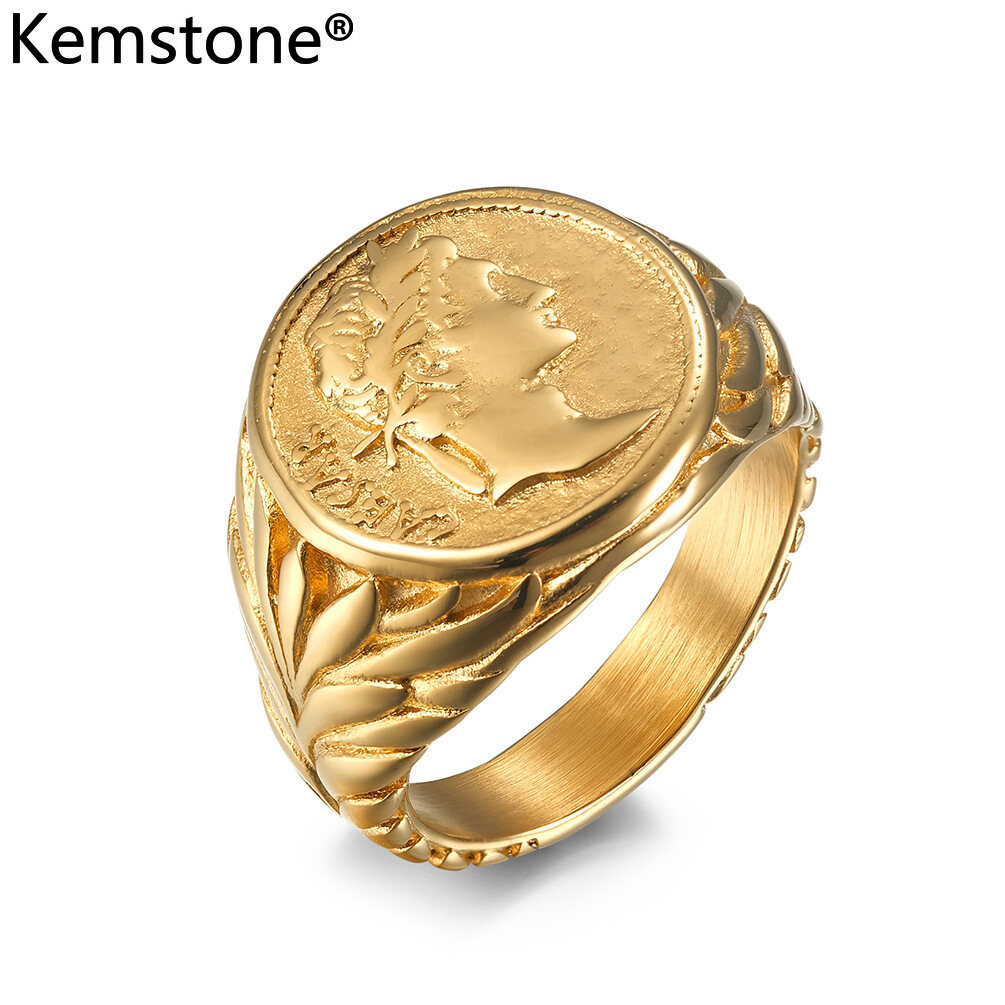 Kemstone Caesar The Great Stainless Steel Vintage Coin Silver Gold Plated Male Ring Jewelry Gift for Men
