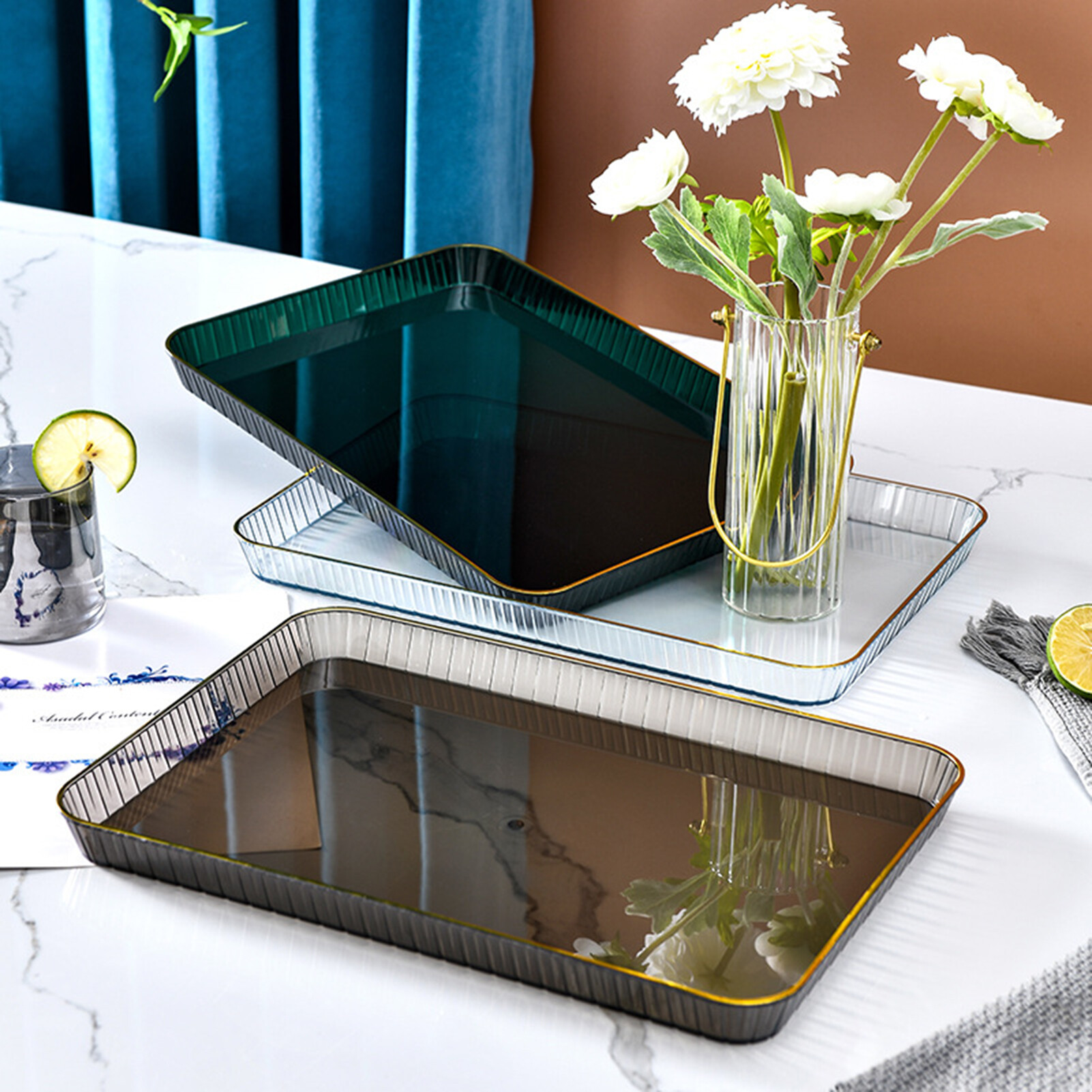 Terylin Nordic Style Fruit Trays Non-Slip Clear Elegant Coffee Tea Food Tray Kitchen Supplies