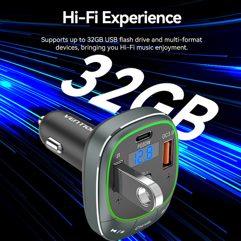 Vention Bluetooth 5.0 Car Charger 48W Fast Charging 3 Port QC 3.0 USB with LED Digital Display for SAMSUNG iPhone Huawei Xiaomi Cellphone MacBook PD 30W 12V to 24V Car Adapter Car Charger Socket Outlet