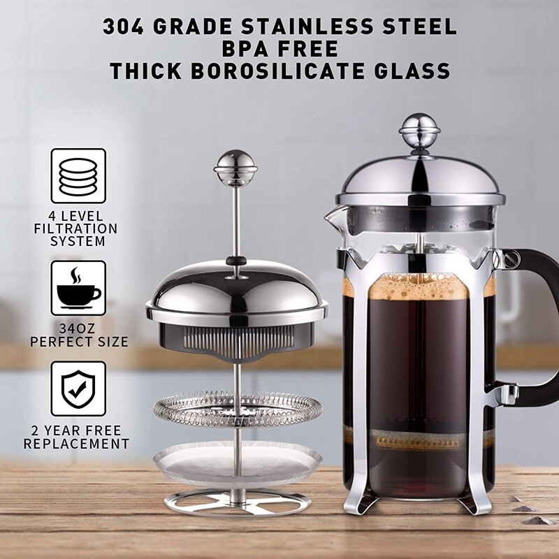 French Press Coffee Maker,Press System,Heat Resistant Thickened Borosilicate Glass,Durable Easy Clean