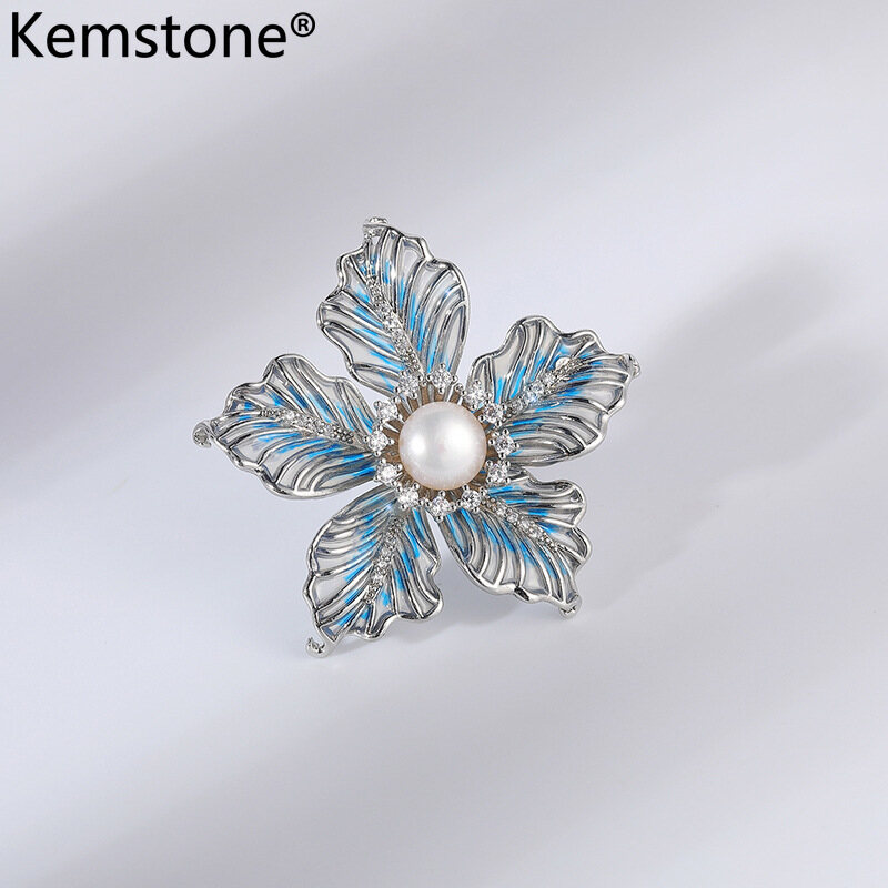Kemstone Blue Enamel Zircon Faux Pearl Flower Brooch for Women Coat Accessories