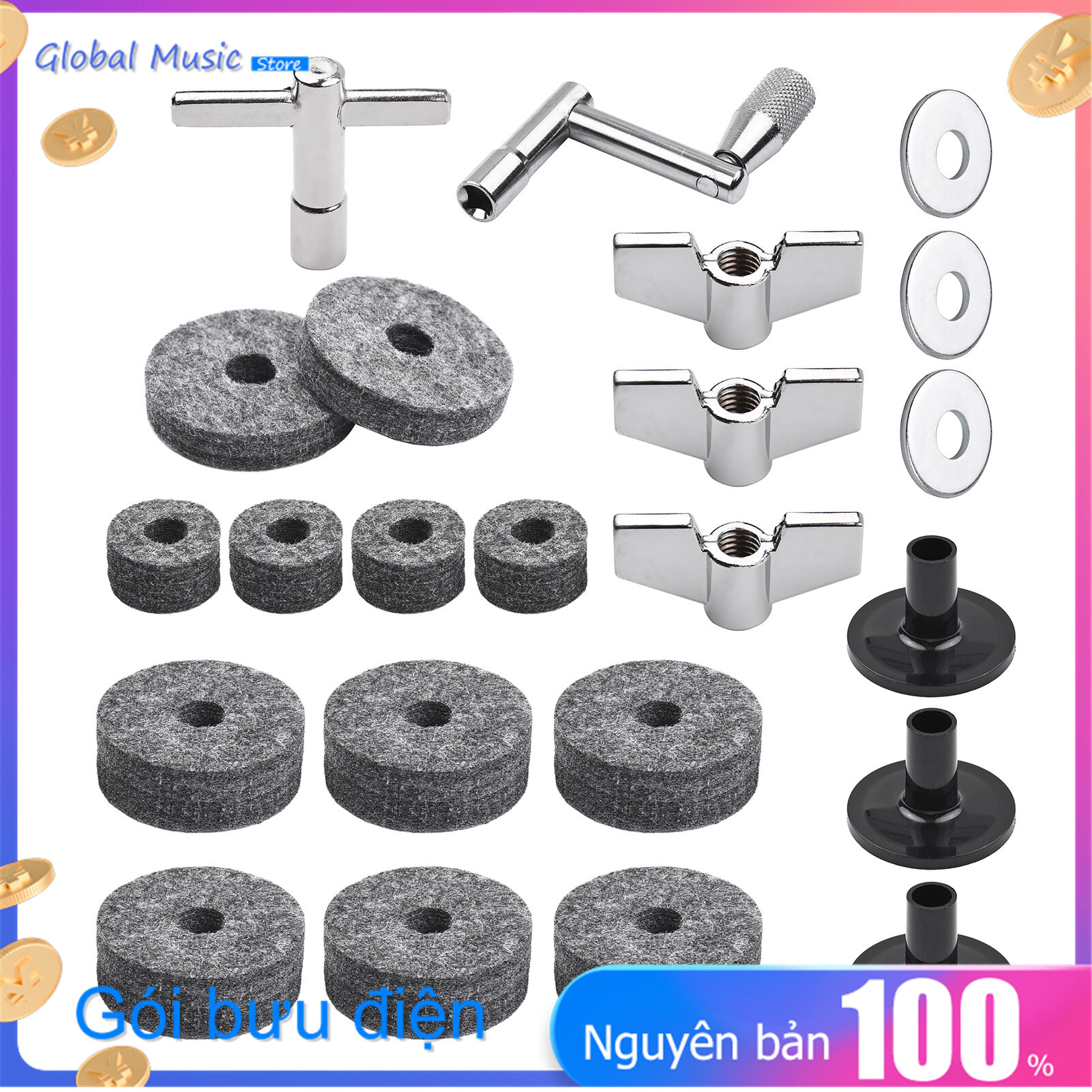 23pcs Cymbal Replacement Accessories Drum Parts with Cymbal Stand Felts Drum Cymbal Felt Pads Include Wing Nuts Washers Cymbal Sleeves and Drum Key
