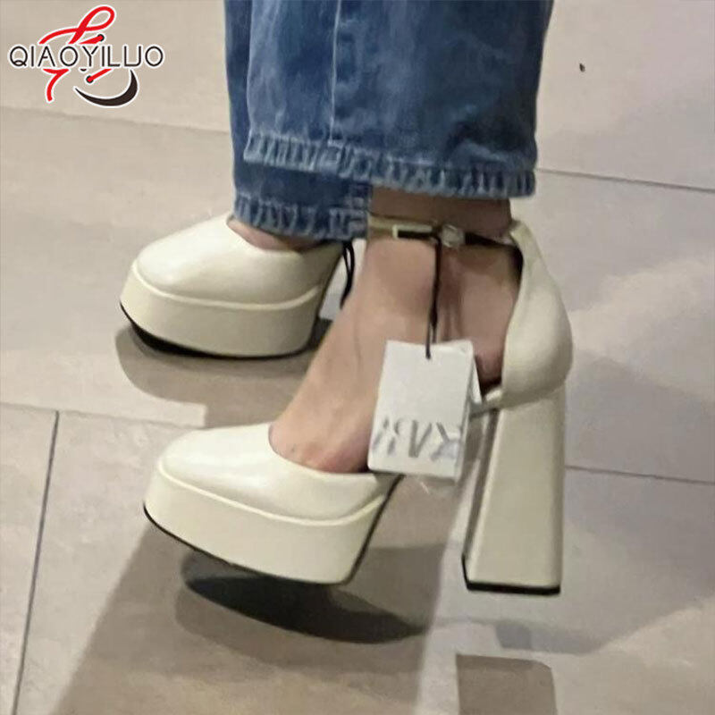 QiaoYiLuo Giày Cao Gót Pháp Giày Cao Gót Nữ Đế Vuông Mũi Vuông Cổ Điển