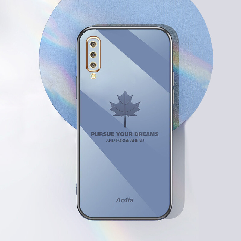 YBD Straight Edge Plating Phone case For Samsung Galaxy A7 2018 A750 Plus casing, Precise Camera Protection case a7 2018 Maple leaf pattern cover with Free lanyard