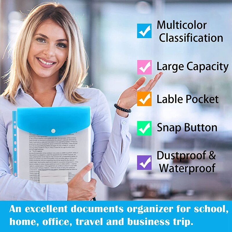 12 Pack A4 Punched Pockets Plastic Wallets - 11 Holes Expandable Binder Pocket Envelope File Folders