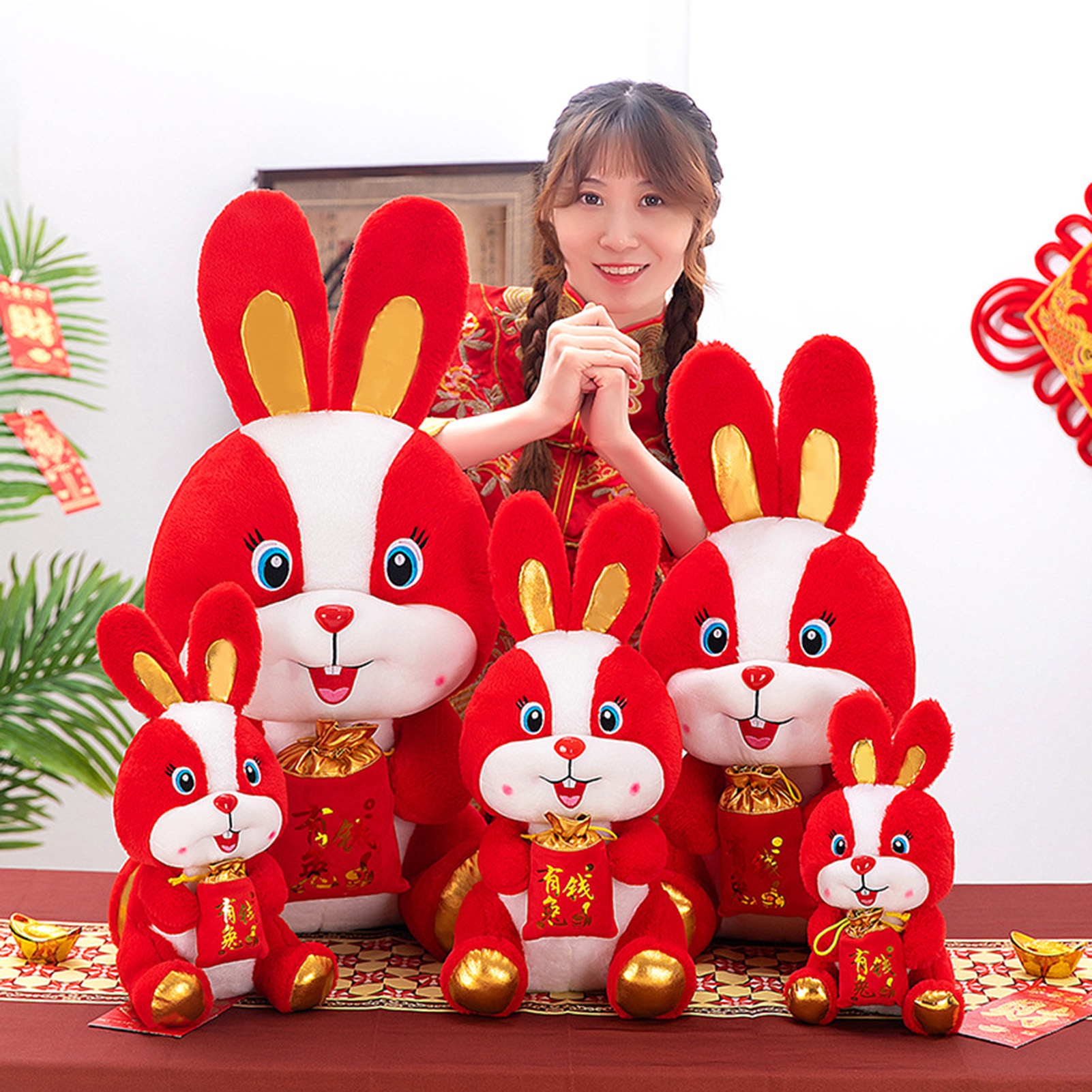 [Ready] Plush Rabbit Doll Cute Red Color Bunny Doll Hold Lucky Bag ...