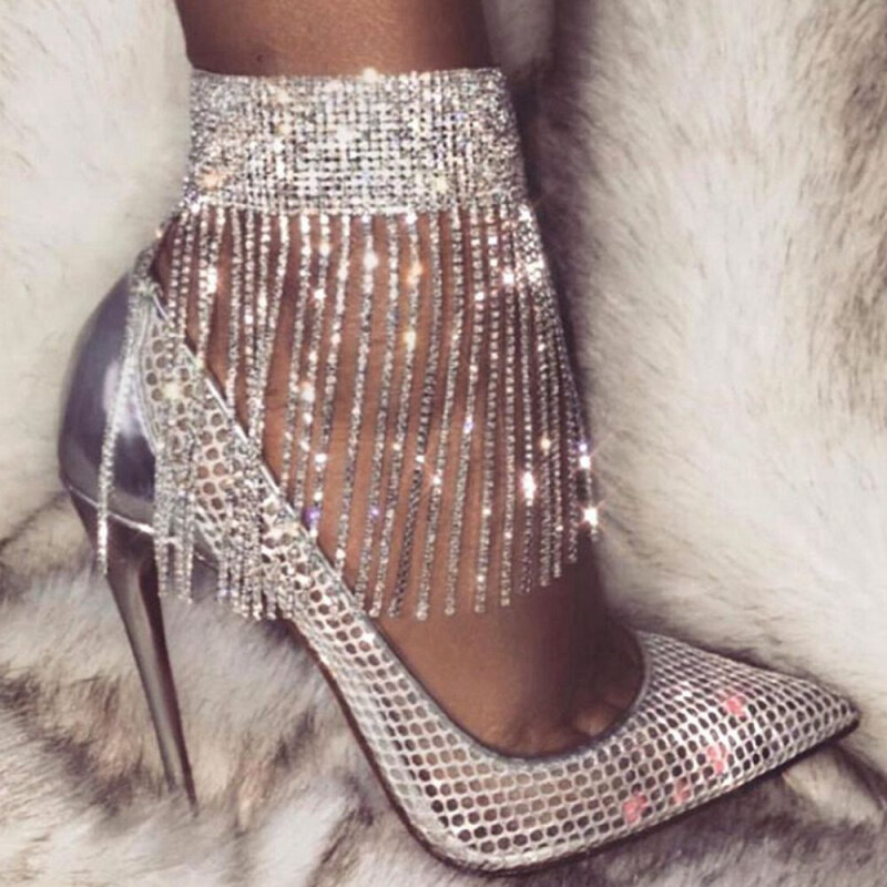 Phụ Nữ Đầy Đủ Rhinestone Stonefans Pha Lê Cheville Vòng Đeo Tay Chuỗi Đeo Chân Tua Có Thể Điều Chỉnh Mắt Cá Chân