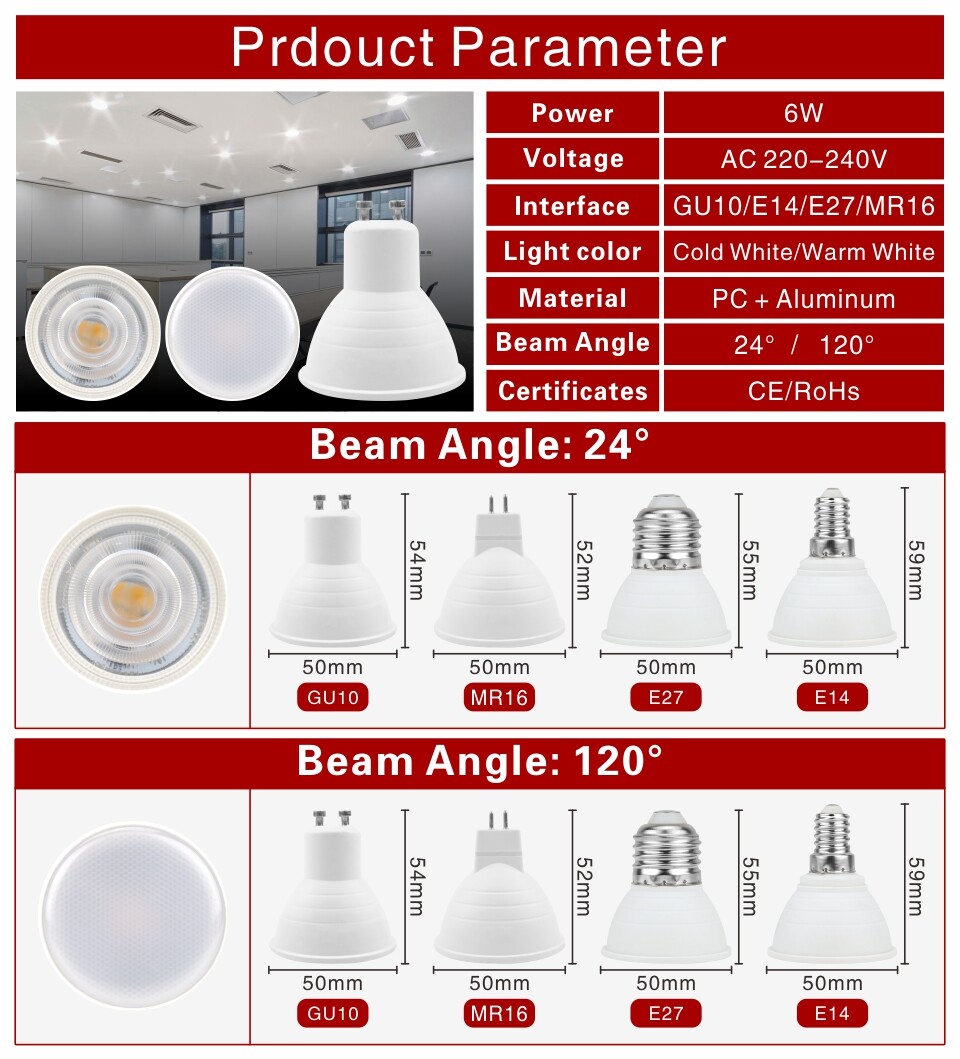 ERANPO ​LED Bulb 6W E27 E14 MR16 GU10 GU5.3 220V-240V 24/120  LED Lamp Spotlight LED Spot Light Cool Warm White