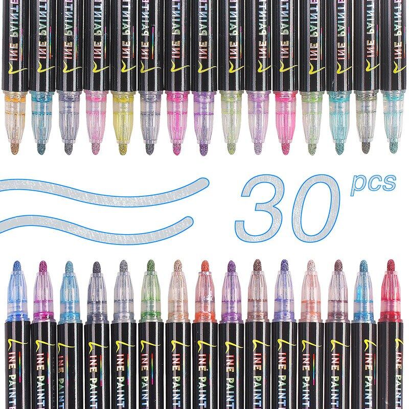 30 Colors Double Line Outline Pen Set Metallic Color Highlighter Magic