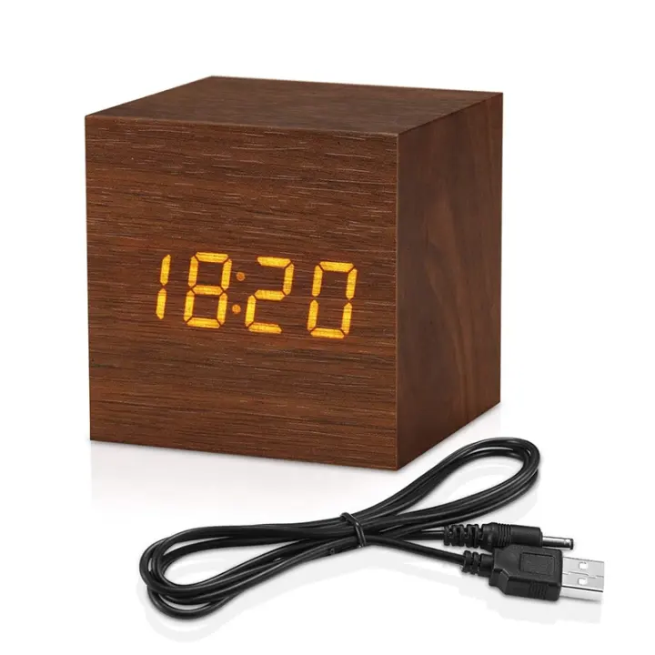 Cube Small Square Digital Led Wooden Table Alarm Clock With Usb Charge Lazada