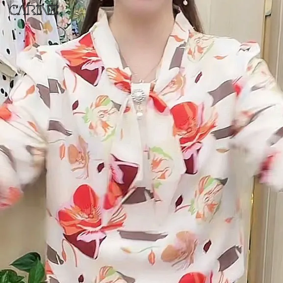 CARINE Floral Shirt for Women Fashion Half Sleeve Chiffon Top Bowknot Collar Loose Version T-shirt