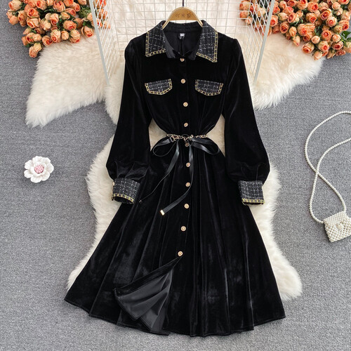 Gorgeous and Elegant French Retro High-end Light Luxury Slim Lace Lapel Velvet Dress Elegant Temperament Large Swing Dress Autumn and Winter New