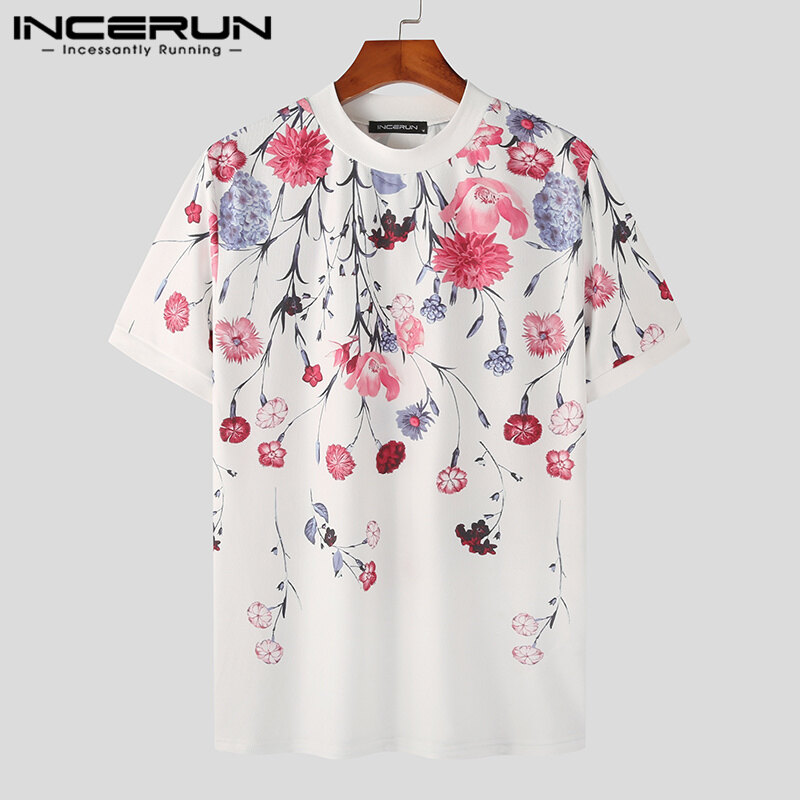 Medussa INCERUN Men's Short Sleeve Floral Shirt Crew Neck Holiday Tee Shirt Blouse Beachwear Tee Top