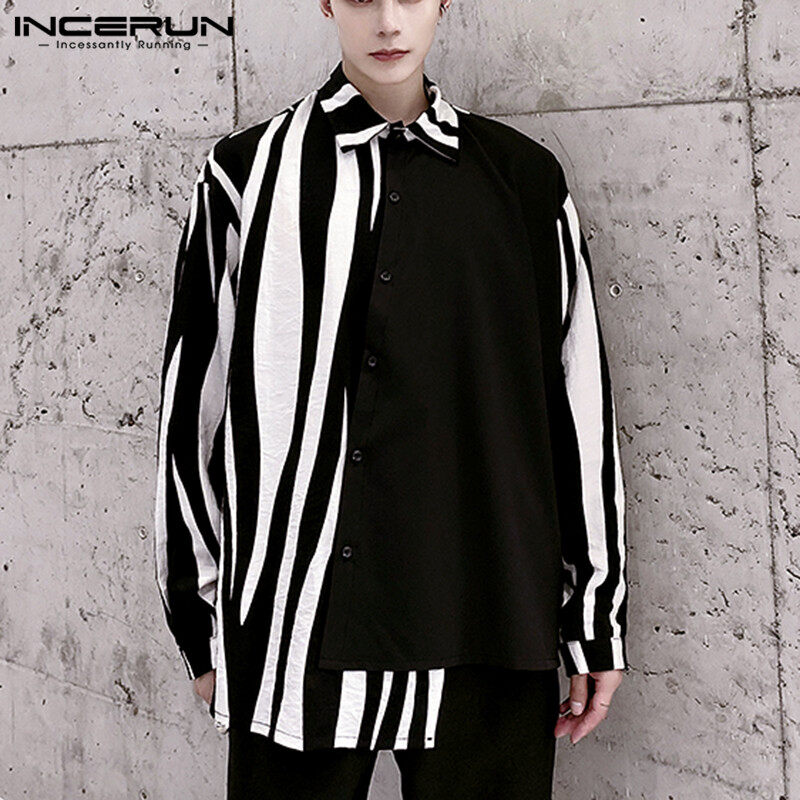 (Korea Style) INCERUN Striped Fashion Mens Long Sleeve T shirt Button Up Party Dress Tee Shirts