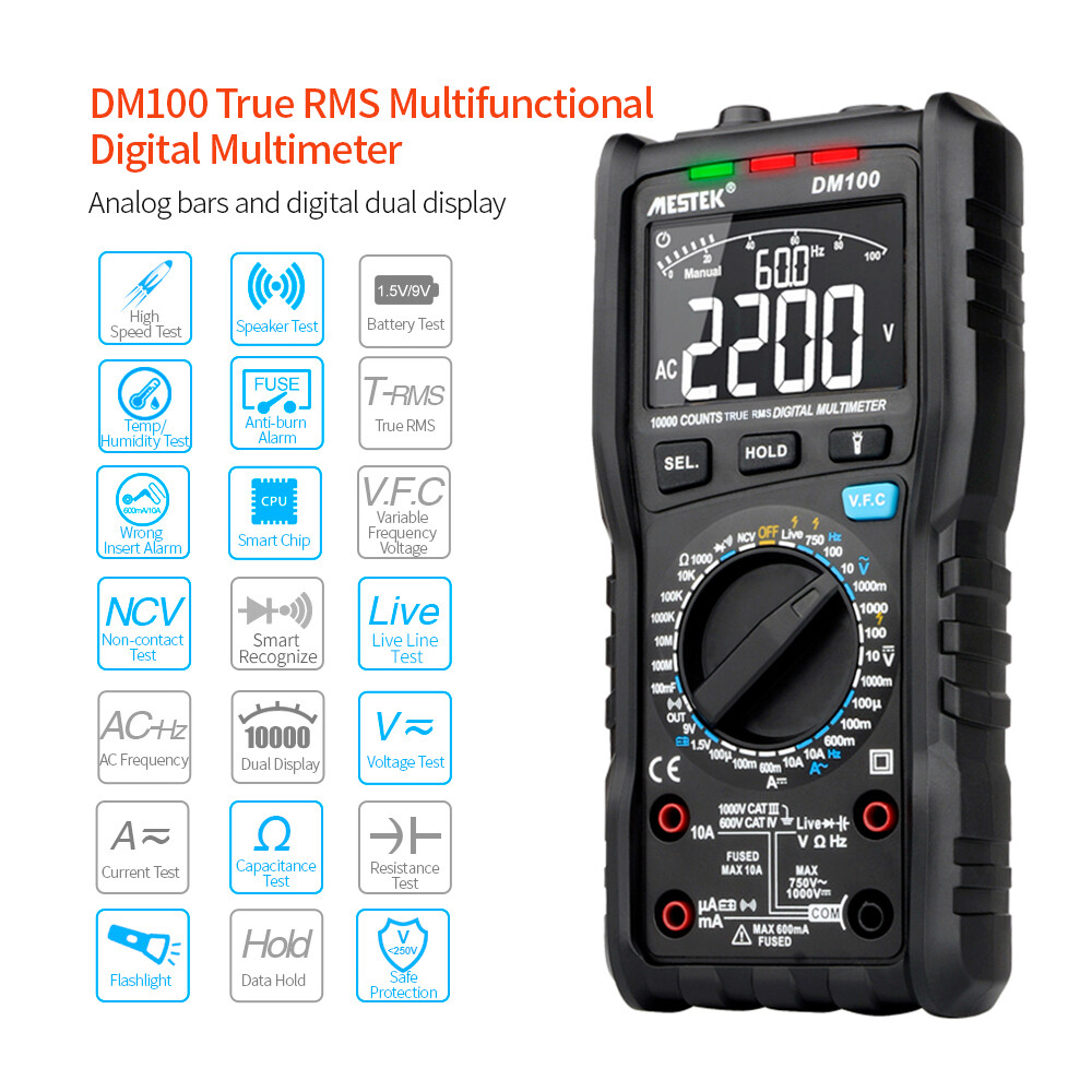 MESTEK Đồng Hồ Vạn Năng Kỹ Thuật Số Đa Chức Năng Đếm 10000 True RMS Đồng Hồ Vạn Năng Đo Điện Áp AC/DC Điện Trở Dòng Điện Tần Số Điện Dung Điốt Nhiệt Độ Và Độ Ẩm NCV Đồng Hồ Vạn Năng Báo Động Cầu Chì Chống Cháy