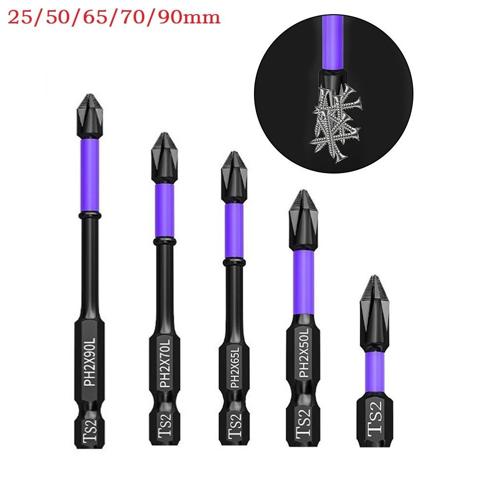 5pcs non-slip ph2 magnetic batch head cross screwdriver impact drill bit 25-90mm