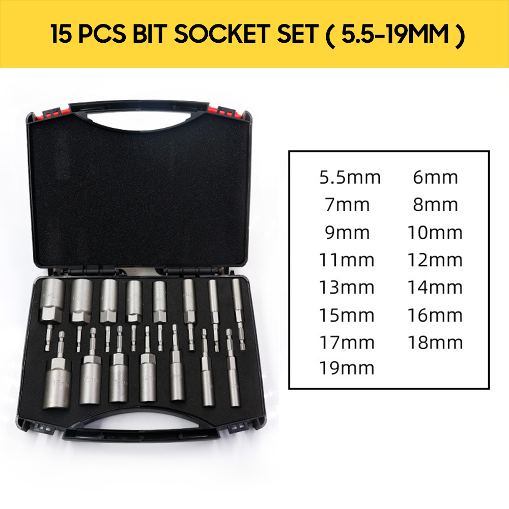 KKmoon 15 Pcs Power Nut Driver Drill Bit Set 5.5-19mm Chrome Vanadium Steel Hex Bit Socket Set Wrench Screw Drill Bit Holder for Electric Drill with Storage Case