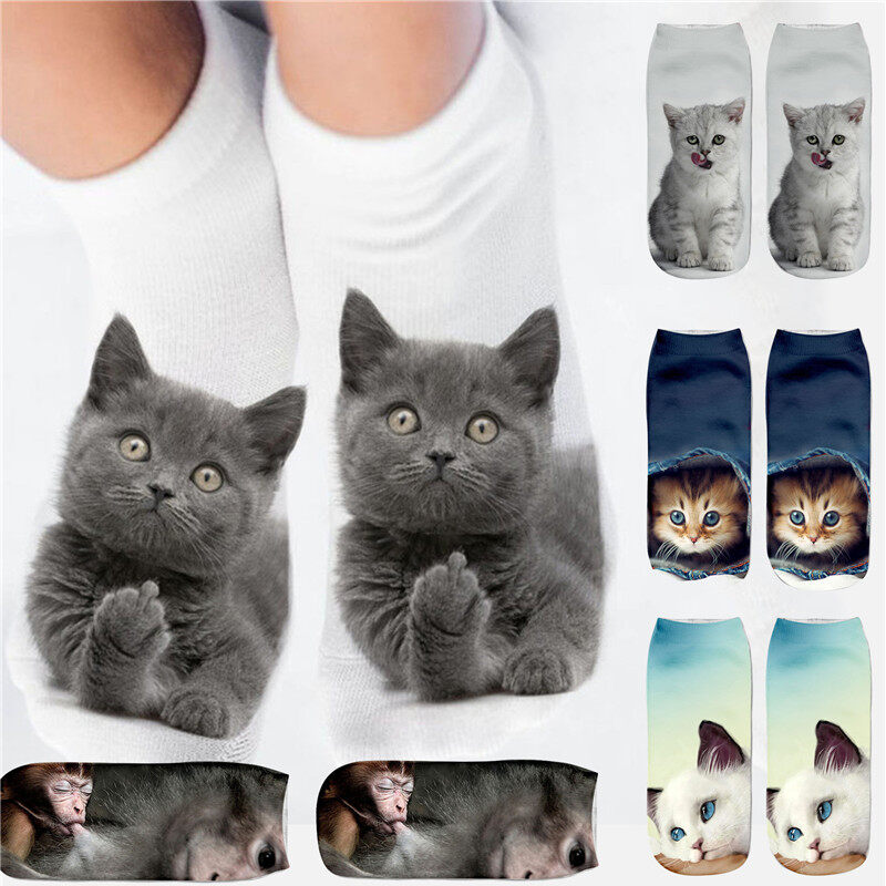 1 Pair Funny Girls Casual Socks 3D Cute Cat Printed Anklet Xmas Short Socks