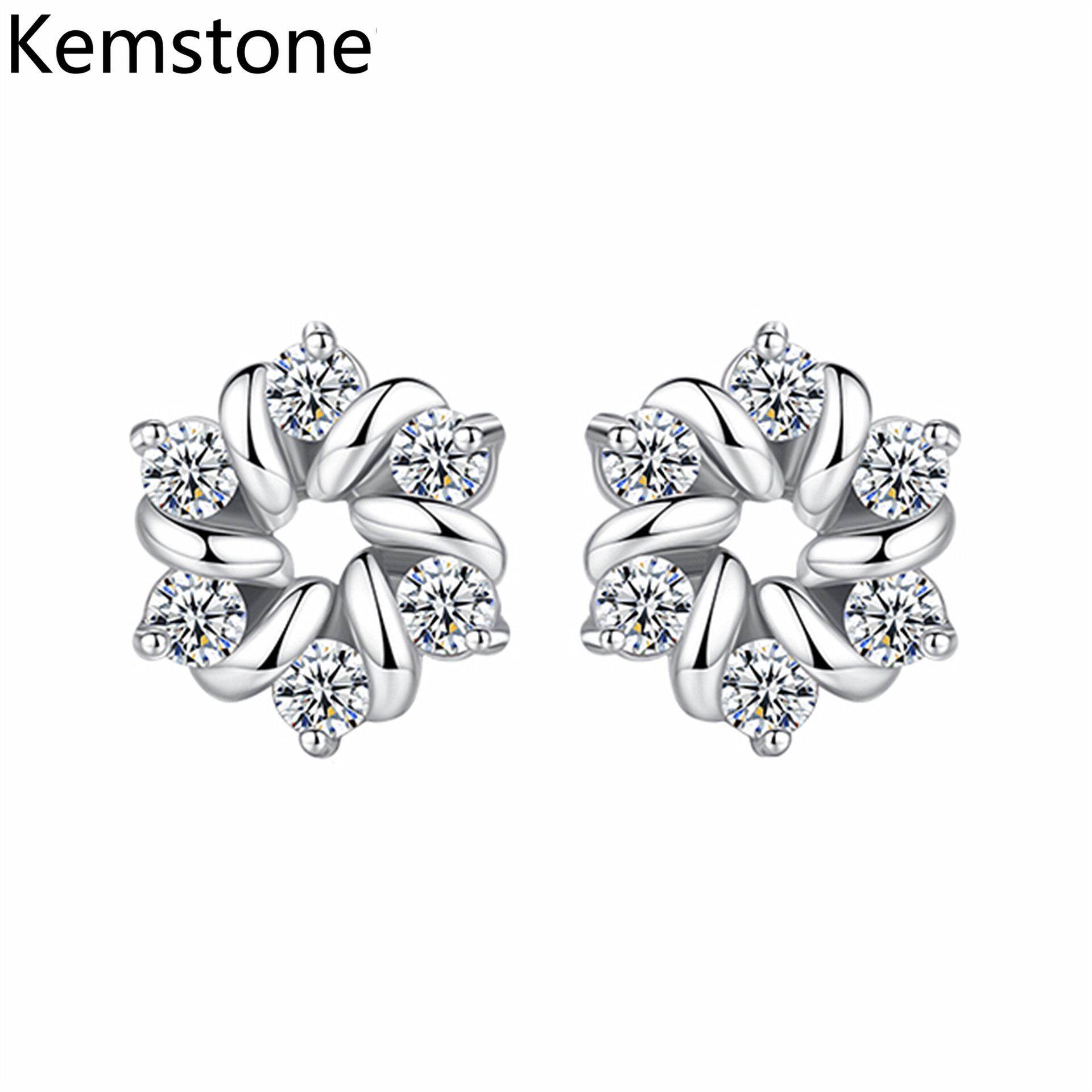 Kemstone Female Fashion Mini Stud Earrings Platinum Plated Cubic Zirconia Inlay Flower Shaped Earrings