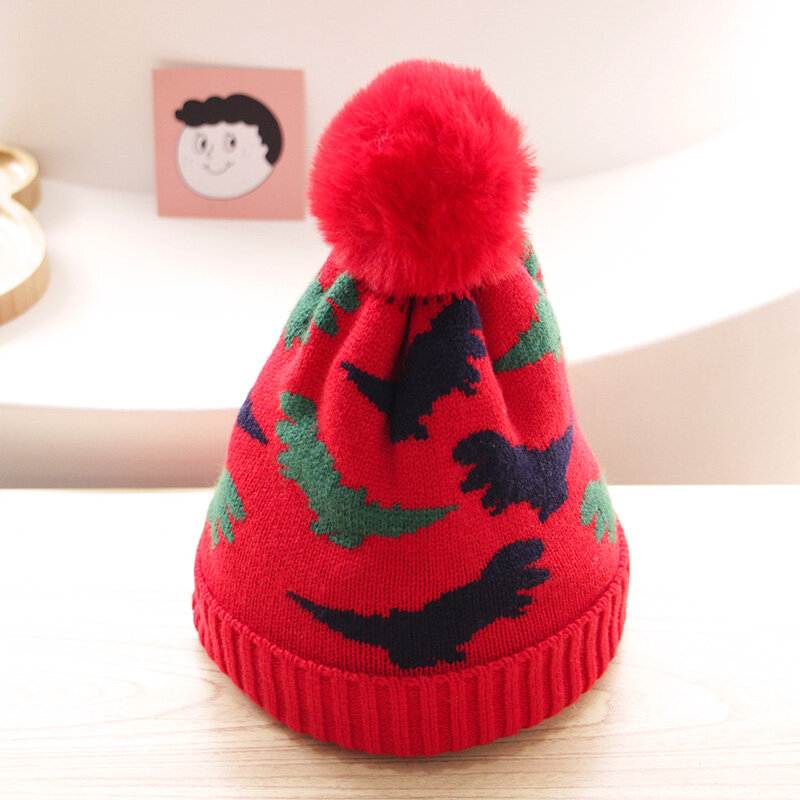 Knitted Baby Hat Cartoon Dinosaur Autumn Winter Warm Children Cap Cute Pompom Boys Girls Hats Beanie