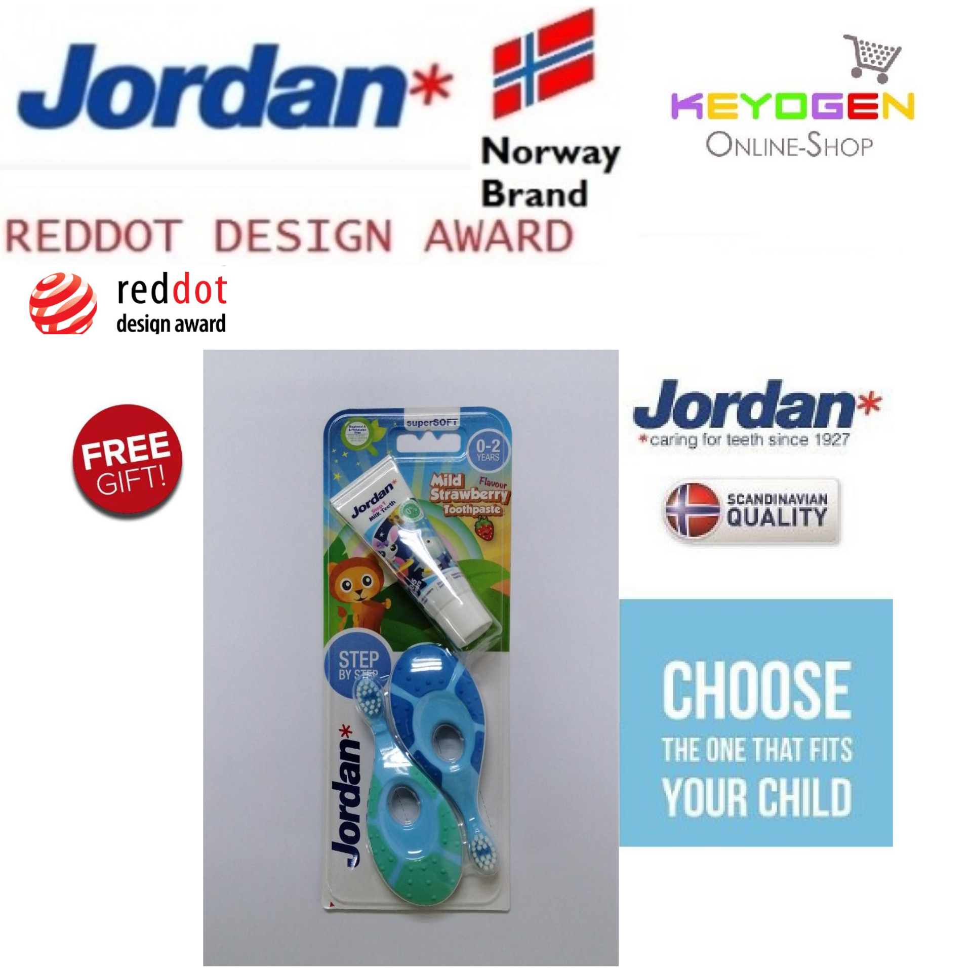 ( Norway brand ) 2 pieces Jordan Step 1 Baby soft Toothbrush 0-2 Years BPA Free - REDDOT DESIGN AWARD ( random color deal ) [FREE Gift]