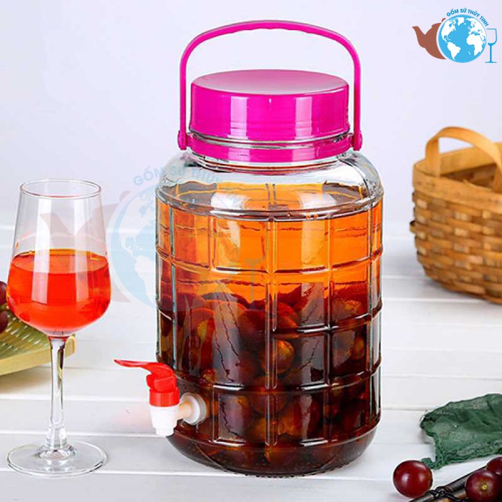 Bình ngâm rượu thủy tinh 8 lít quai xách - có van