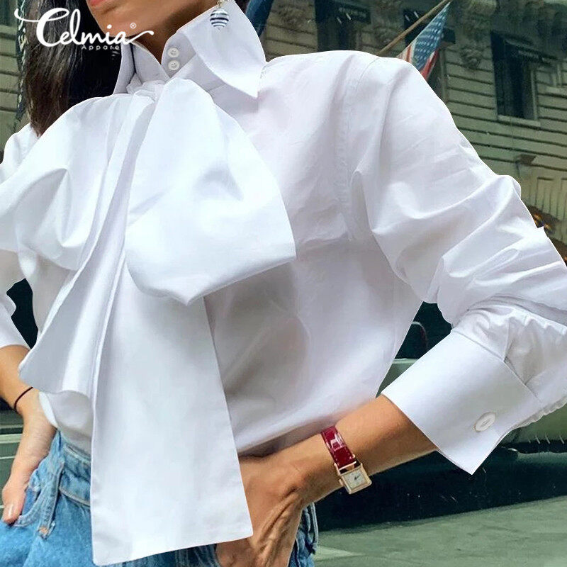 Celmia Women's Long Sleeve Ruffle Victorian Shirt OL Party Blouse Tie T Shirt Tops