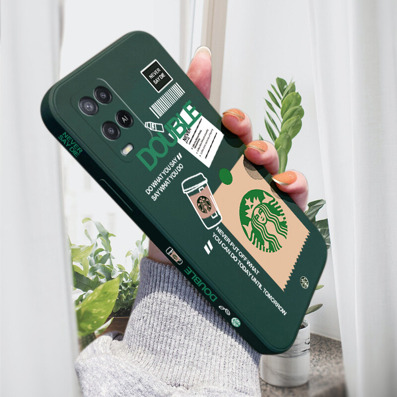 Jizetin Casing For OPPO A57 2022 A77s A74 (4G) Case OPPO A54 Casing HP oppo a54 (5G) A74 (5G) Cartoon Starbucks Label Side Design Phone Case Square Edge Pattern Liquid Silicone Casing Full Cover Camera Case