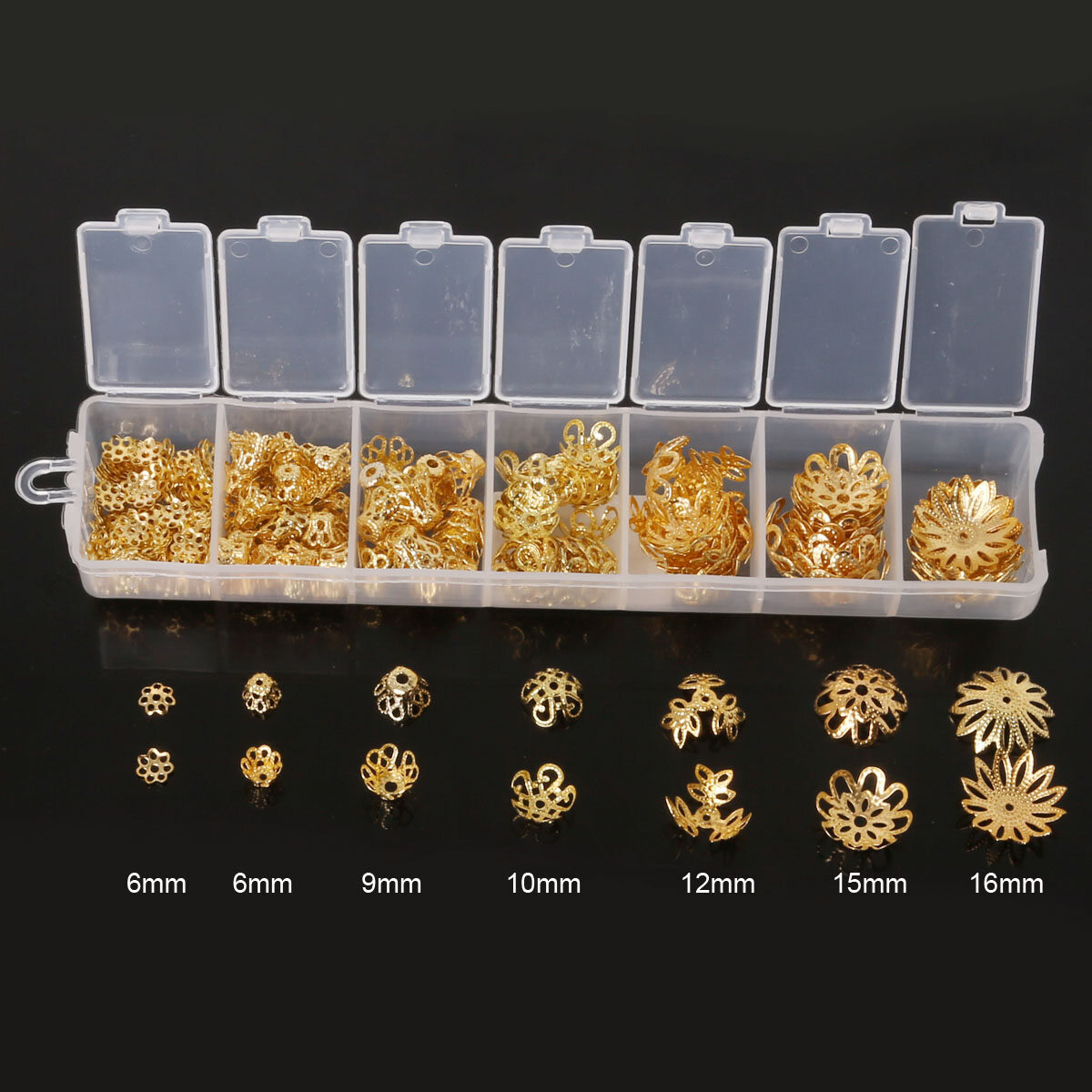 400pcs/Box 6-16mm Metal Beads Cap Spacer Flower Beads Base Cabochon Settings Cameo Tray DIY Jewelry Earrings Bracelet Necklace Accessories