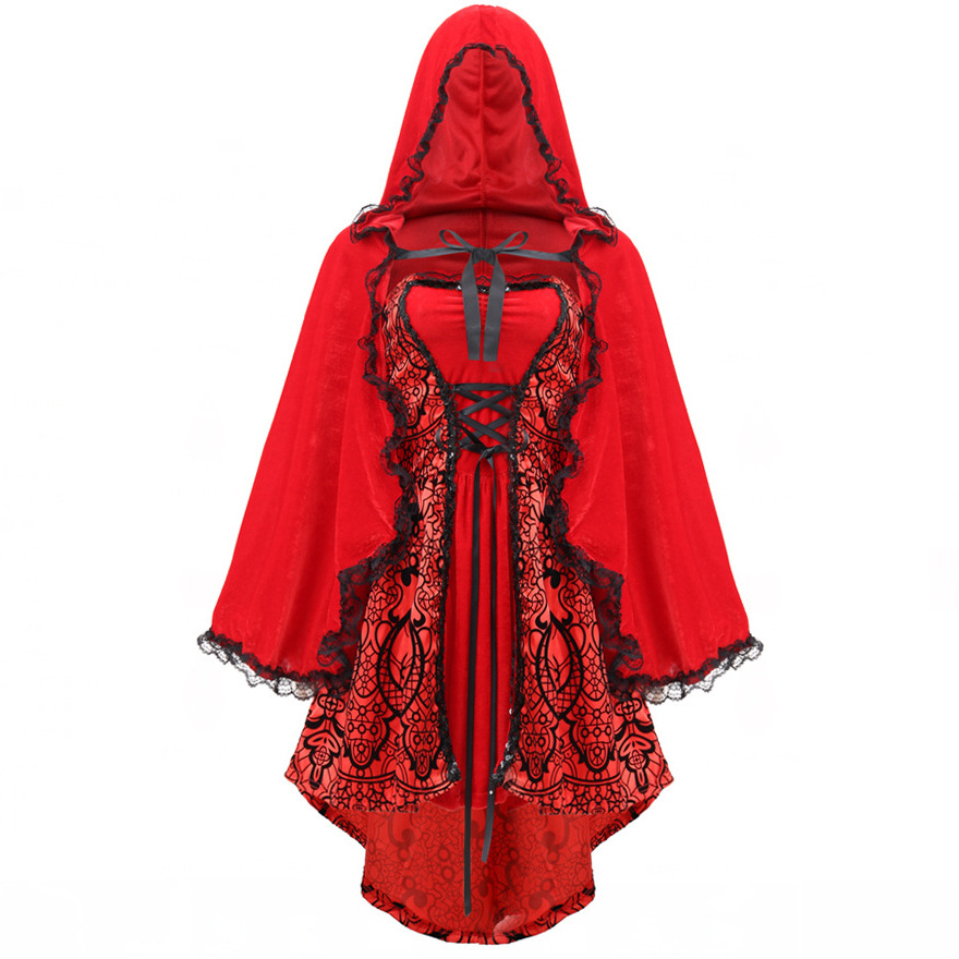 Women Little Red Riding Hood Costume Christmas Hooded Cloak Dress Halloween Witch Uniform Dress Carnival Party Grimm's Fairy Tale Stage Costume